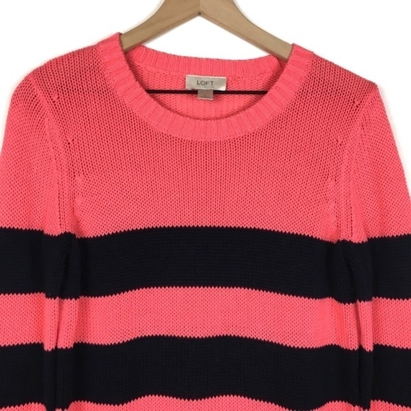 LOFT Sweater Striped Colorblock Crew Neck Pink Navy Minimalist Preppy Medium - Picture 2 of 6